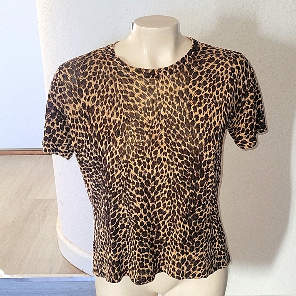 LIZ CLAIBORNE SPβ Animal Print Short Sleeve Top Leopard Print Knit Shirt Luxury